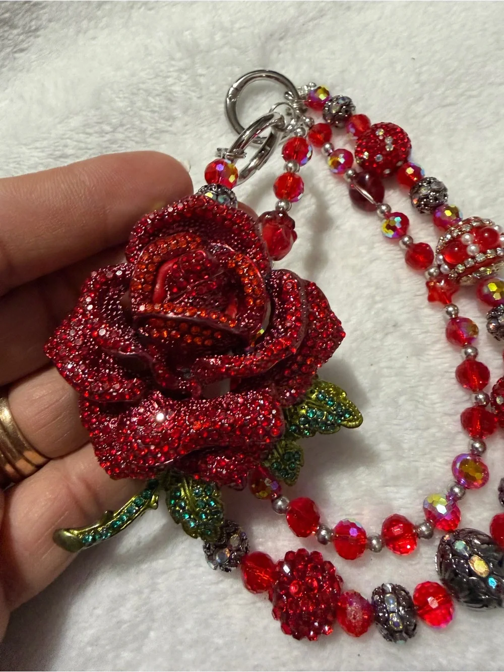 Hand Made Red Crystal Rose Beaded Bag Charm Or Keychain